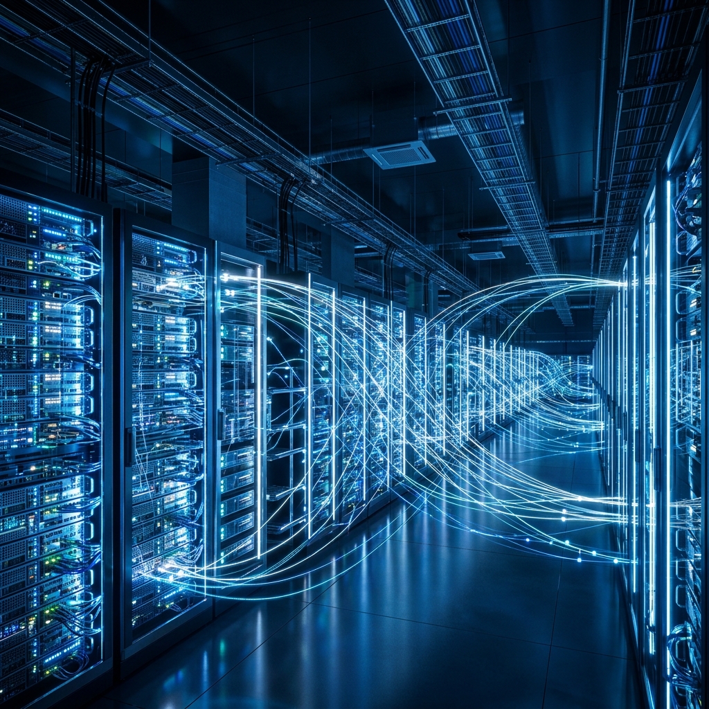 A conceptual visualization of cloud computing infrastructure, glowing blue and white servers in a modern data center, highly detailed, abstract connection lines, neon, premium, tech style, 8k resolution, cinematic lighting, no text, no people, no women